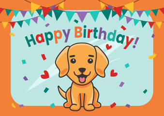 Fototapeta premium Happy Birthday card with dog and decorations. Happy Birthday card in vector, flat style.