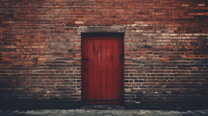 Old grungy red brick wall with big wooden door.