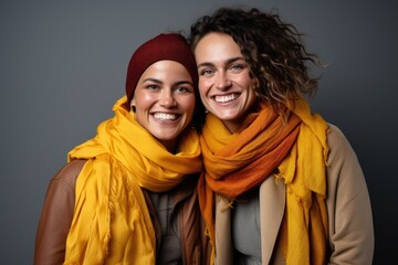 Exchanging cozy scarves symbolizing friendship with smiles and laughter, hygge concept