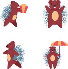 Cute porcupine icons set cartoon vector. Funny porcupine with umbrella and gift. Cartoon character