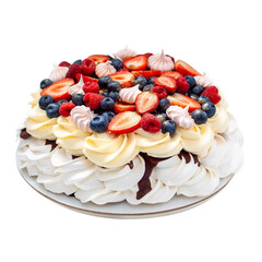 Pavlova cake with whipped cream cheese, chocolate sauce, fresh strawberry, blueberry and raspberry,...