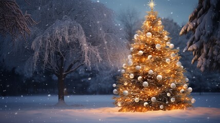 Árbol de Navidad Iluminado en Paisaje Nevado Nocturno