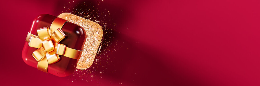 Open red gift box with glitter and golden bow on red background with copy space. 3D Rendering, 3D Illustration