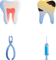 Caries treatment icons set cartoon vector. Human tooth and dental instrument. Dental clinic service