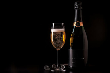 Champagne wine glass and bottle on black background