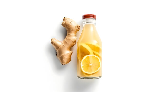 Ginger shot healthy drink with curd in a plastic bottle on white background. Immunity Boosting Tonic. Top view