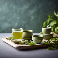 green tea and green cups