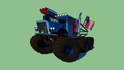 A monster truck with a big engine. American flag on a car. Classic American sports car. Bigfoot on a green background. Car on huge wheels. 3D rendering © Olena
