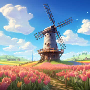 a peaceful tulip field with a wooden windmill and a clear sky
