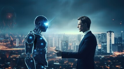 businessman check hand with robot for corparate between human and ai cityscape in background
