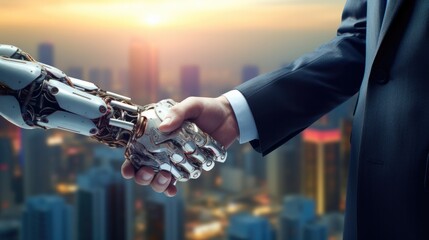 businessman check hand with robot for corparate between human and ai cityscape in background