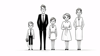 Clean Outline Drawing of a Stylish Family, Embracing Minimalist Aesthetics.