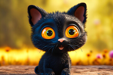 black cat with big eyes - obrazy, fototapety, plakaty
