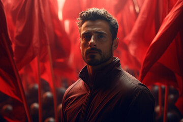 A man surrounded by red flags, depicting the concept of a toxic relationship partner