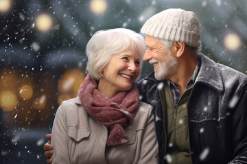 Obraz premium Love and companionship, an elderly couple smiling and having a wonderful time together on a snowy day outside during the winter 