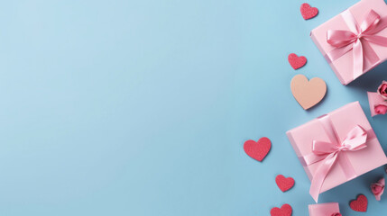 Pink gift boxes with hearts on blue background