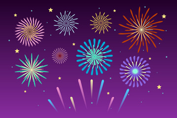 Fireworks composition at the night on purple gradient background. Vector illustration.