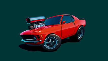 A red muscular car with a big engine. Orange cartoon car on a gray background. Classic American sports car. 3D rendering