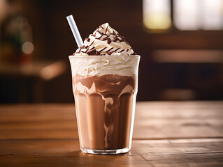 Iced chocolate milkshake drink on wood background