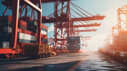 aerial view of Logistics and transportation of Container Cargo ship with working crane bridge in shipyard , logistic import export and transport industry background