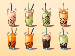 Bubble tea set isolated on solid background