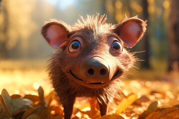 a cute little adorable wild boar with big eyes