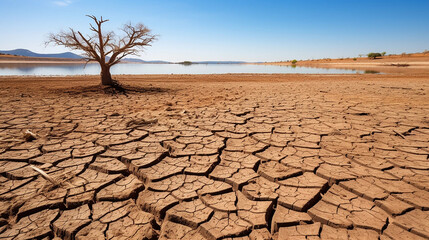 Dry cracked desert. The global shortage of water on the planet. Global warming and greenhouse effect concept. - obrazy, fototapety, plakaty