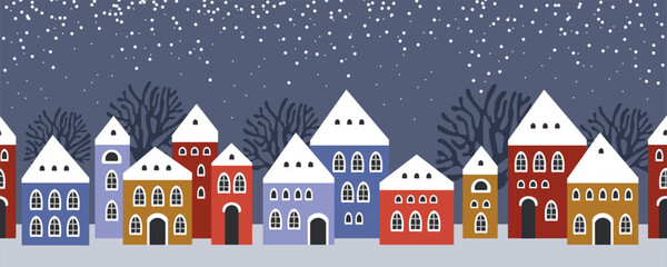 Seamless pattern winter landscape, Celebrating Christmas and New Year. Panorama. Seamless border with winter cityscape. Snowy night in a cozy city. Winter Christmas Village NIGHT landscape.