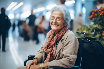 A pretty old woman in a wheelchair is waiting for her flight to the plane in the airport waiting room
