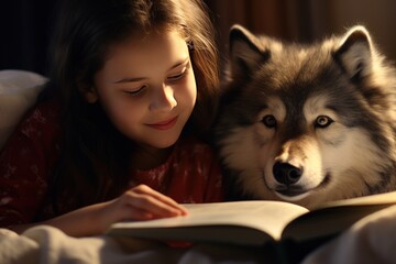 portrait of a child with a dog reading book - obrazy, fototapety, plakaty
