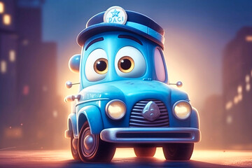 a cute little adorable police jeep with big eyes - obrazy, fototapety, plakaty