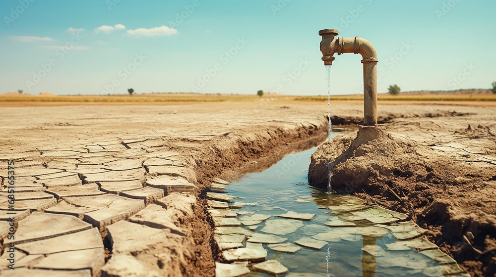 Wall mural Dry cracked desert with old water pipe. Water scarcity concept.