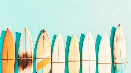 Surfing party concept. Top view photo of vintage surfing