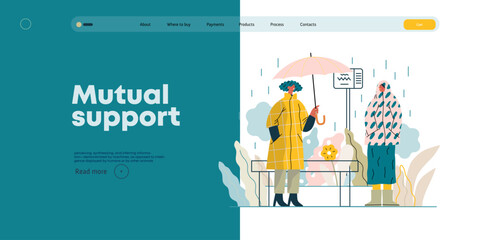 Mutual Support: Offer an umbrella to a stranger -modern flat vector concept illustration of a at a bus stop in the rain offering an umbrella A metaphor of voluntary, collaborative exchanges