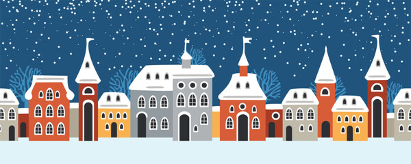 Seamless pattern winter landscape, Celebrating Christmas and New Year. Panorama. Seamless border with winter cityscape. Snowy night in a cozy city. Winter Christmas Village NIGHT landscape.