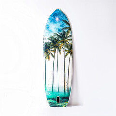Surfboard with palm trees plain white background