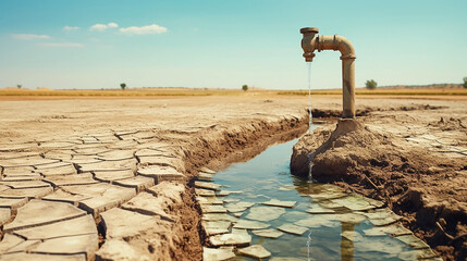 Dry cracked desert with old water pipe. Water scarcity concept. - obrazy, fototapety, plakaty