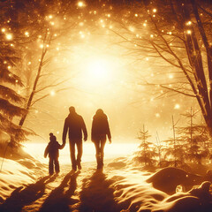A Family Strolls Through a Snowy Forest Against a Fairy Golden Dreamy Landscape