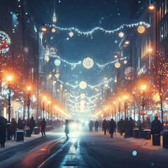 Blurred Street of Festive Evening City with Snowfall and Christmas Lights