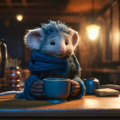 Tiny cute adorable furry Arlis wearing a knitted blue scarf
