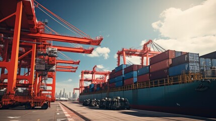 Naklejka premium aerial view of Logistics and transportation of Container Cargo ship with working crane bridge in shipyard , logistic import export and transport industry background