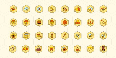 Honey icon set vector. Bee, flower, honey jar, spoon, bear, bee hive. Beekeeping products, symbols.