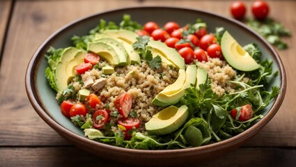 Healthy salad bowl with quinoa, tomatoes and avocado