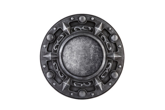 Old ornamental round shield isolated on white background with clipping path