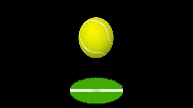 Looped animation of a tennis ball bouncing on a circular piece of lawn tennis court on a green background, a transparent background, with alpha channel