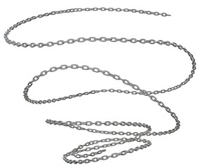 A 3D representation of a steel chain entwined in intricate and twisted spirals, isolated on a transparent background in PNG format.