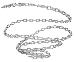 
A 3D depiction of a steel chain intricately coiled into distorted and twisted spirals, presented on a transparent background in PNG format.