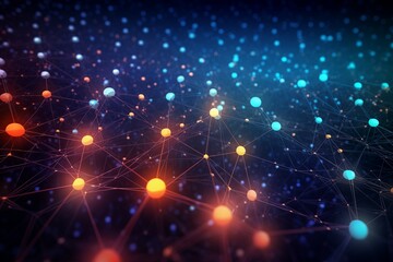 Fototapeta premium An abstract image of a colorful internet network of connected dots and lines on a black background, artificial intelligence