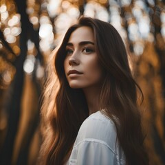 Portrait of young woman in forest. - 685166984