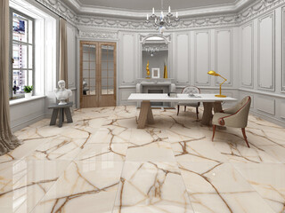 Vintage contemporary coworking office interior with furniture and equipment, gray walls, beige marble flooring, wooden furniture. 3D Rendering